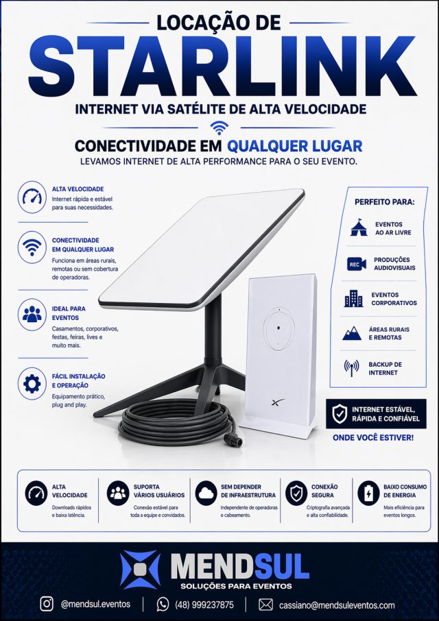 Cartaz da locação de Starlink, internet via satélite